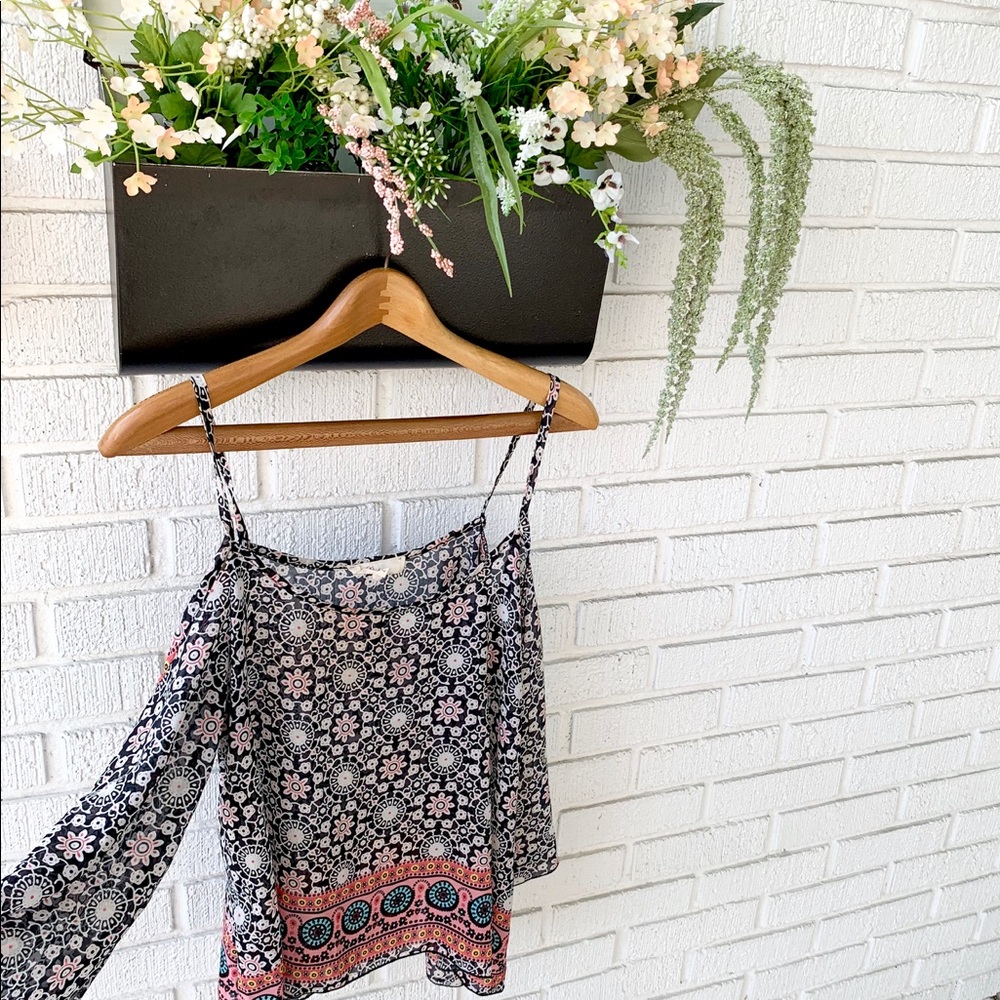 Nabee Boho Floral Sheer Flowy Cold Shoulder Top